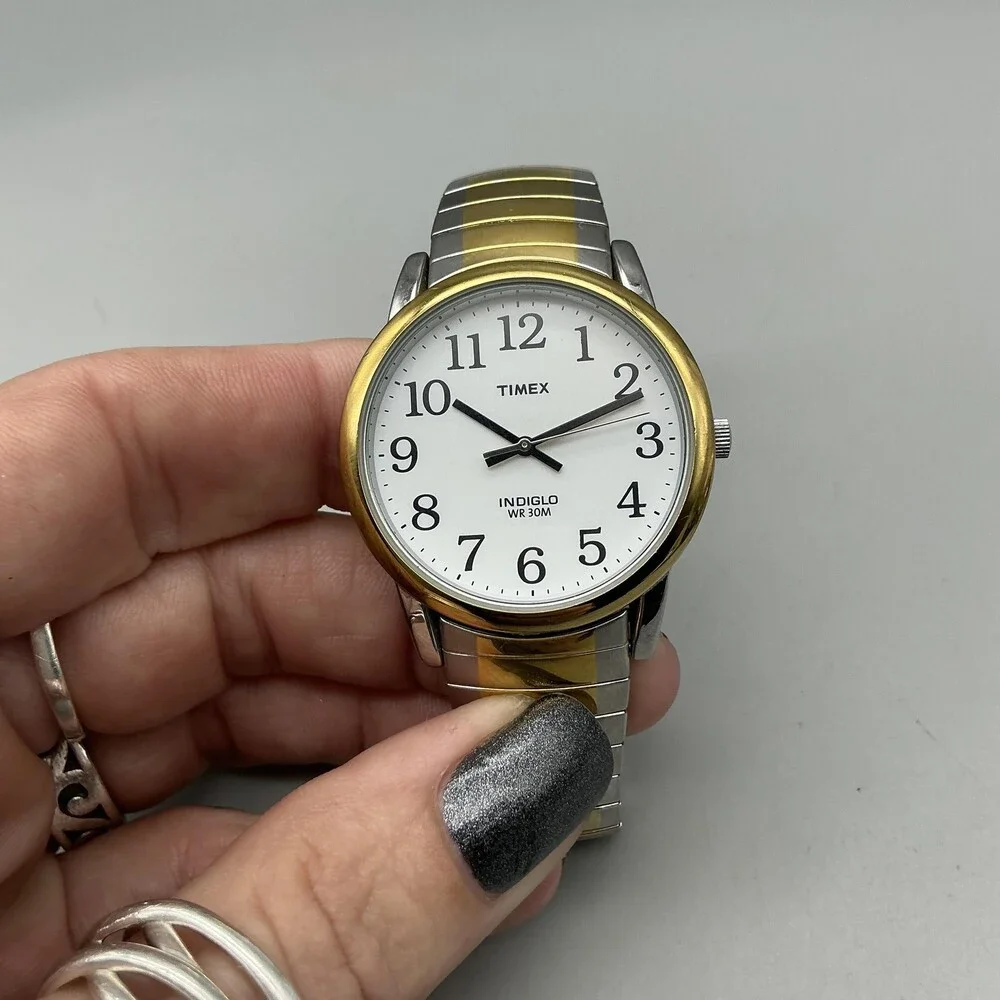 Timex Indiglo Mens Watch 35mm White Dial Two Tone Stretch Band New Battery